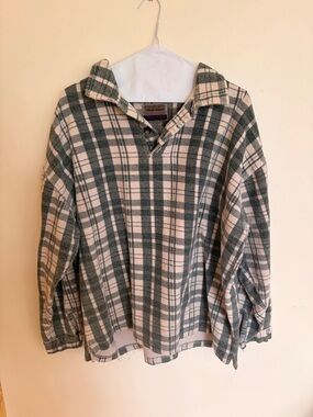 Plaid Button-Up Shirt Jacket Green and Cream